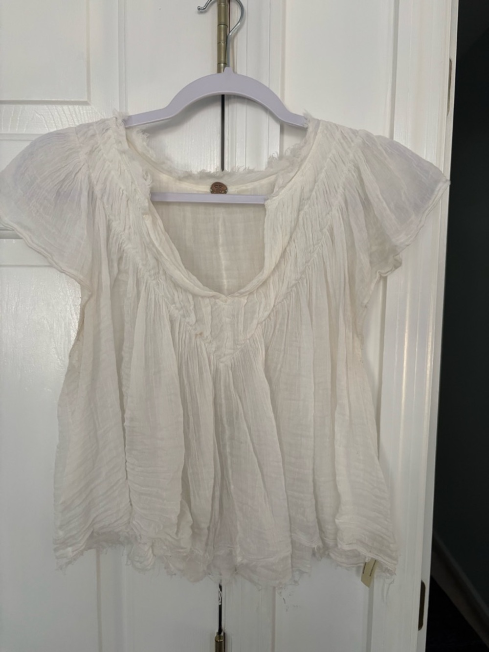 Free People Cream Gauze V-Neck Peasant Top